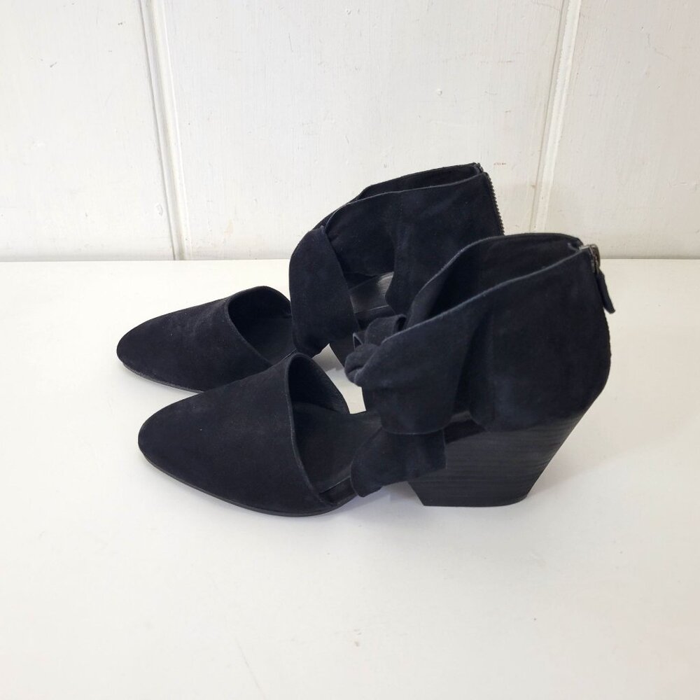 Eileen Fisher Black Suede Pointed Toe Ankle Heels With Bow Strap & Zipper Closur